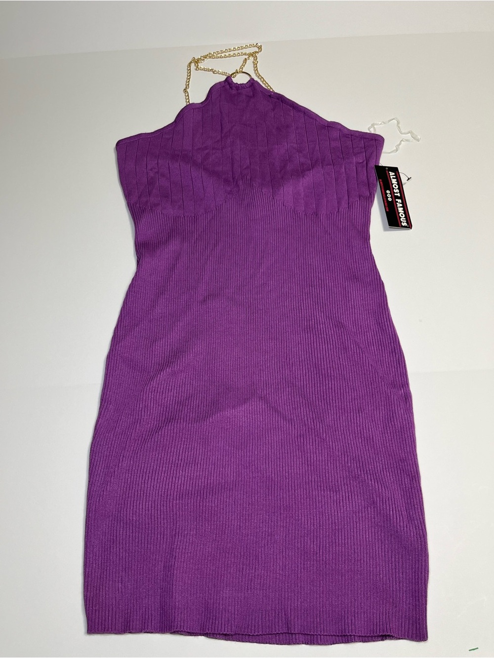 Almost Famous Purple Ribbed One-Shoulder Dress with Gold Chain